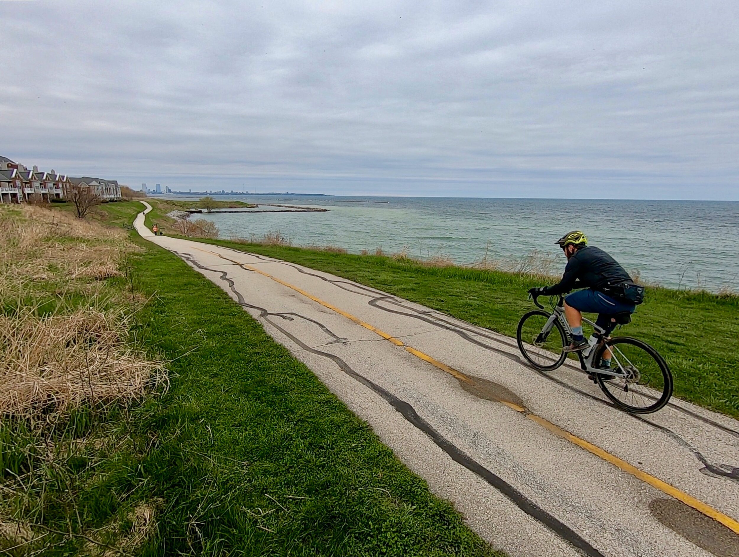   Pedaling along the shores of Lake Michigan with the Milwaukee skyline in the background.  