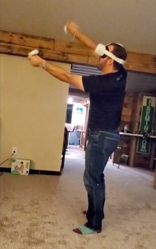   Instead of the manchild from the mall, you get a photo of this manchild playing VR video games in his socks. Shout out to Aimee for letting me fly in VR  🦸 