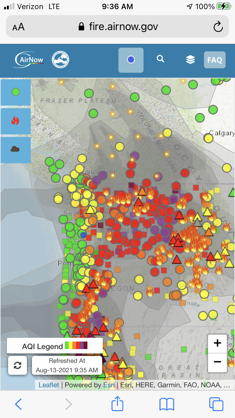 An example screenshot of the air quality map from this summer. I’d spend hours staring at the map, trying to figure out how to navigate our way through the inferno.
