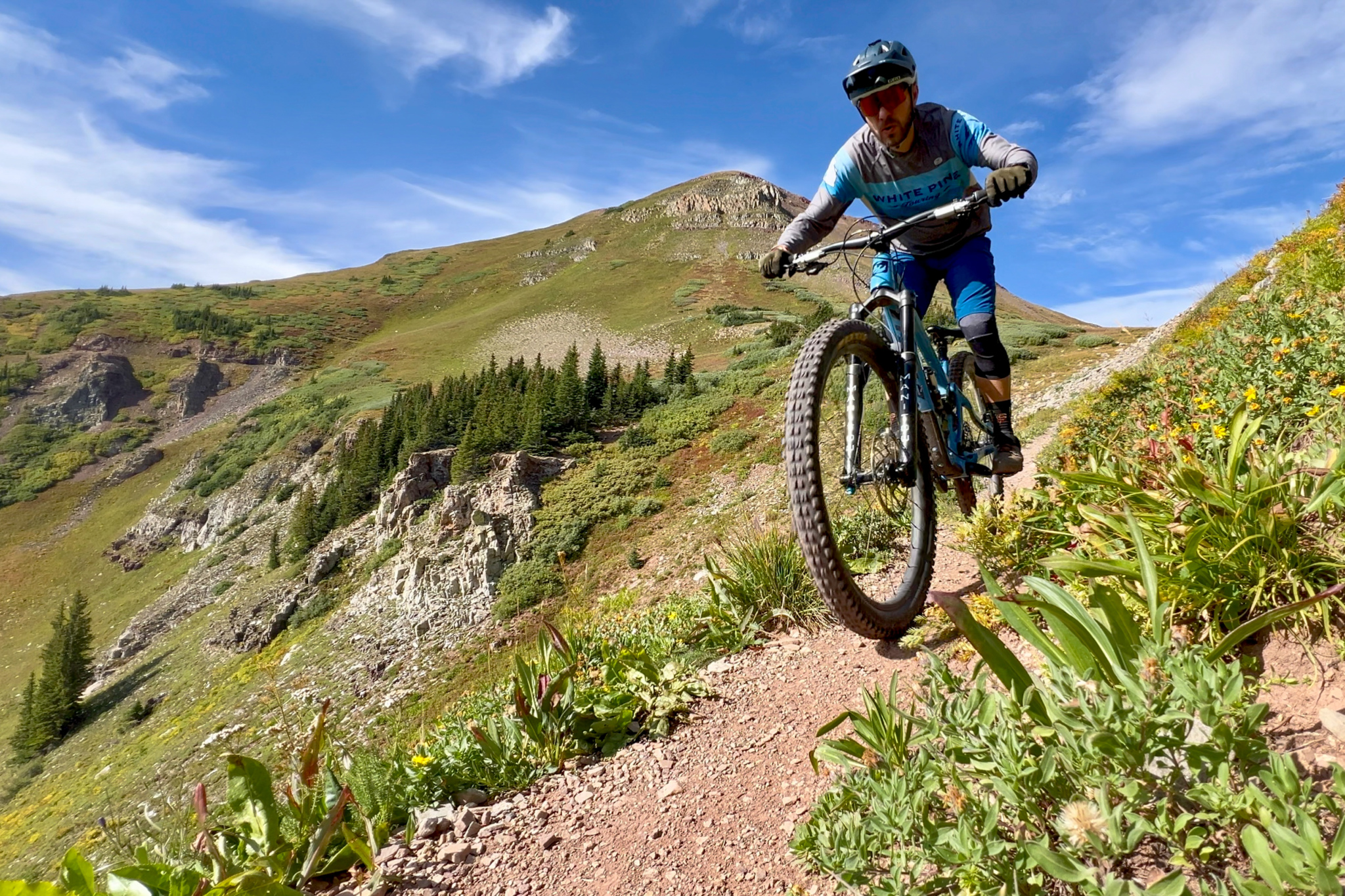 A mountain biker riding on a rocky trail with vibrant green vegetation and colorful flowers. The backdrop features a mountainous landscape under a blue sky with wispy clouds. The biker is in motion, showcasing an action-packed moment on the rugged terrain.