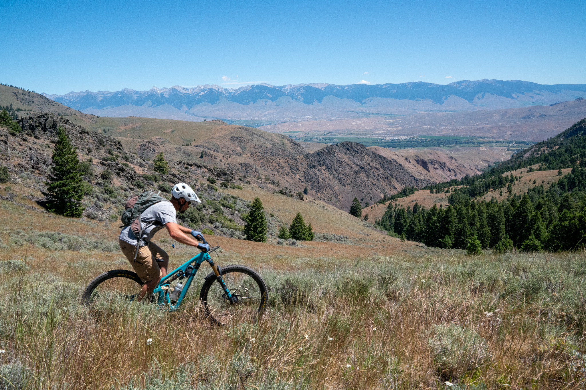 A mountain biker navigating through grassy terrain with a mountainous landscape in the background, featuring rolling hills and a clear blue sky.