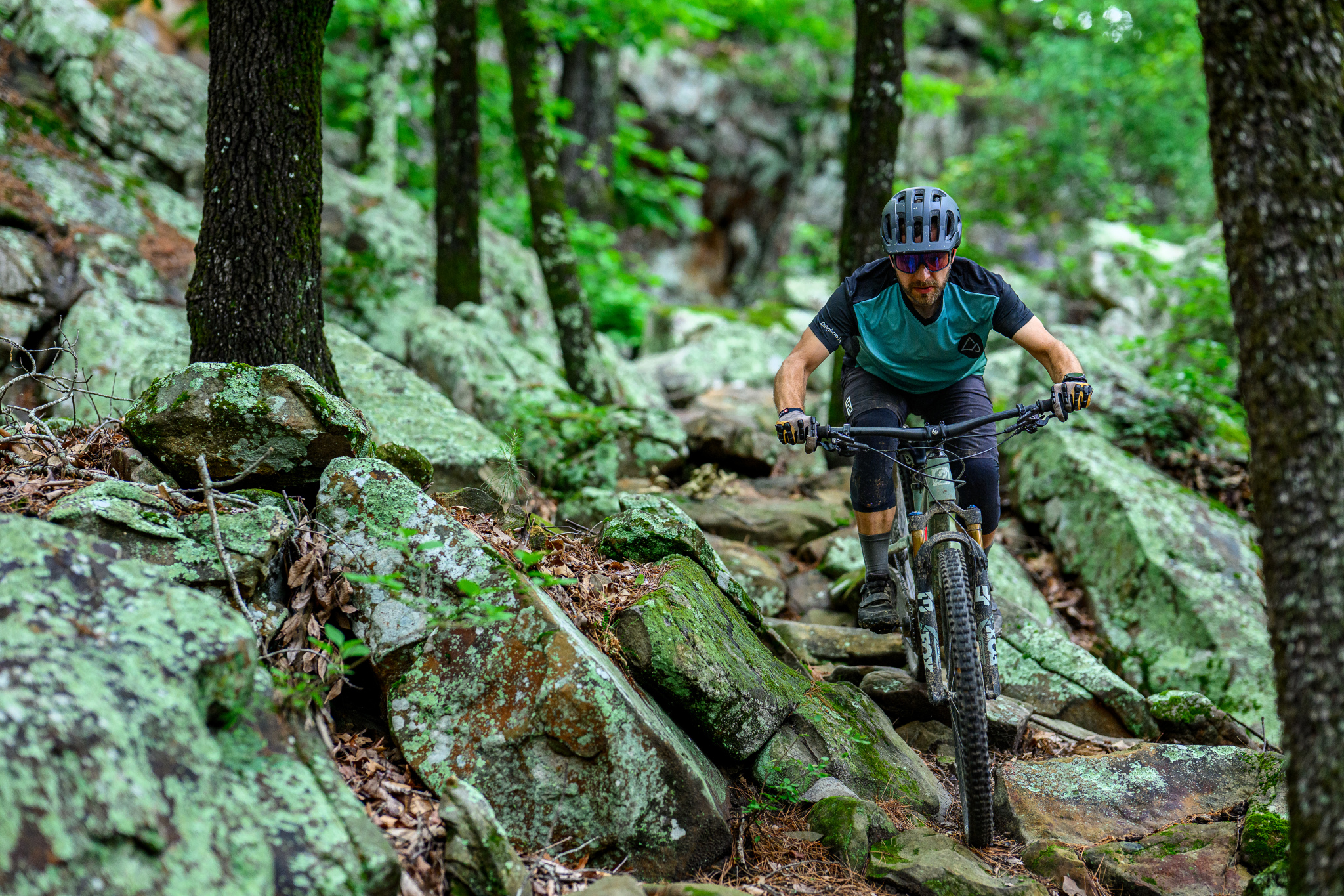 A mountain biker navigating a rocky trail in a wooded area, wearing a helmet and protective gear, with trees and moss-covered rocks surrounding the path.