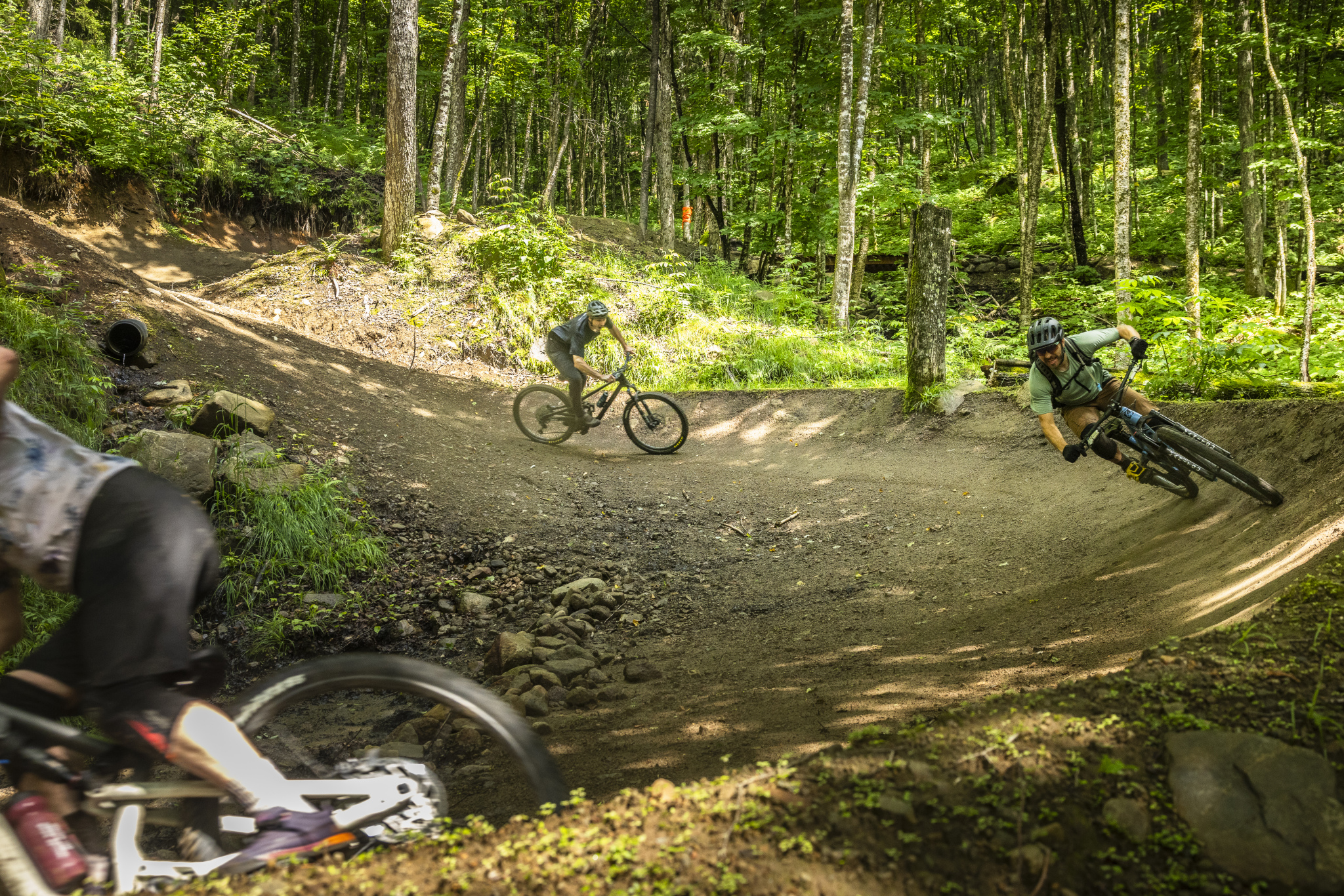 A dynamic mountain biking scene in a wooded area, featuring two riders navigating a dirt curve. The background shows lush green trees and underbrush, while one cyclist leans into the turn and another passes in the foreground. The sunny atmosphere highlights the natural terrain, creating an adventurous outdoor ambiance.