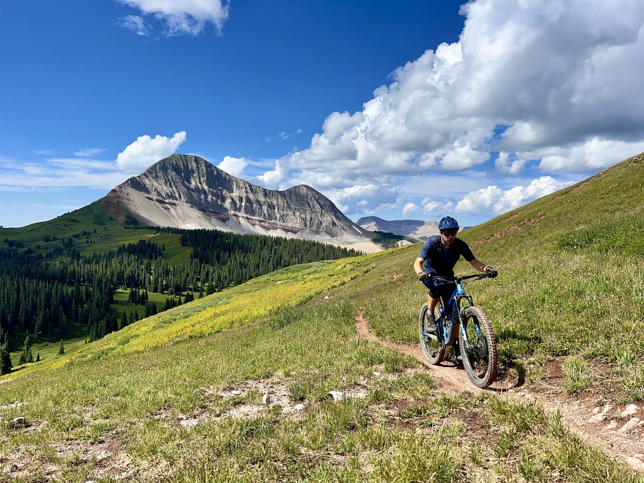 A mountain biker climbs a narrow trail across a green alpine hillside, with a massive grey-and-tan peak and dark spruce forest filling the background.