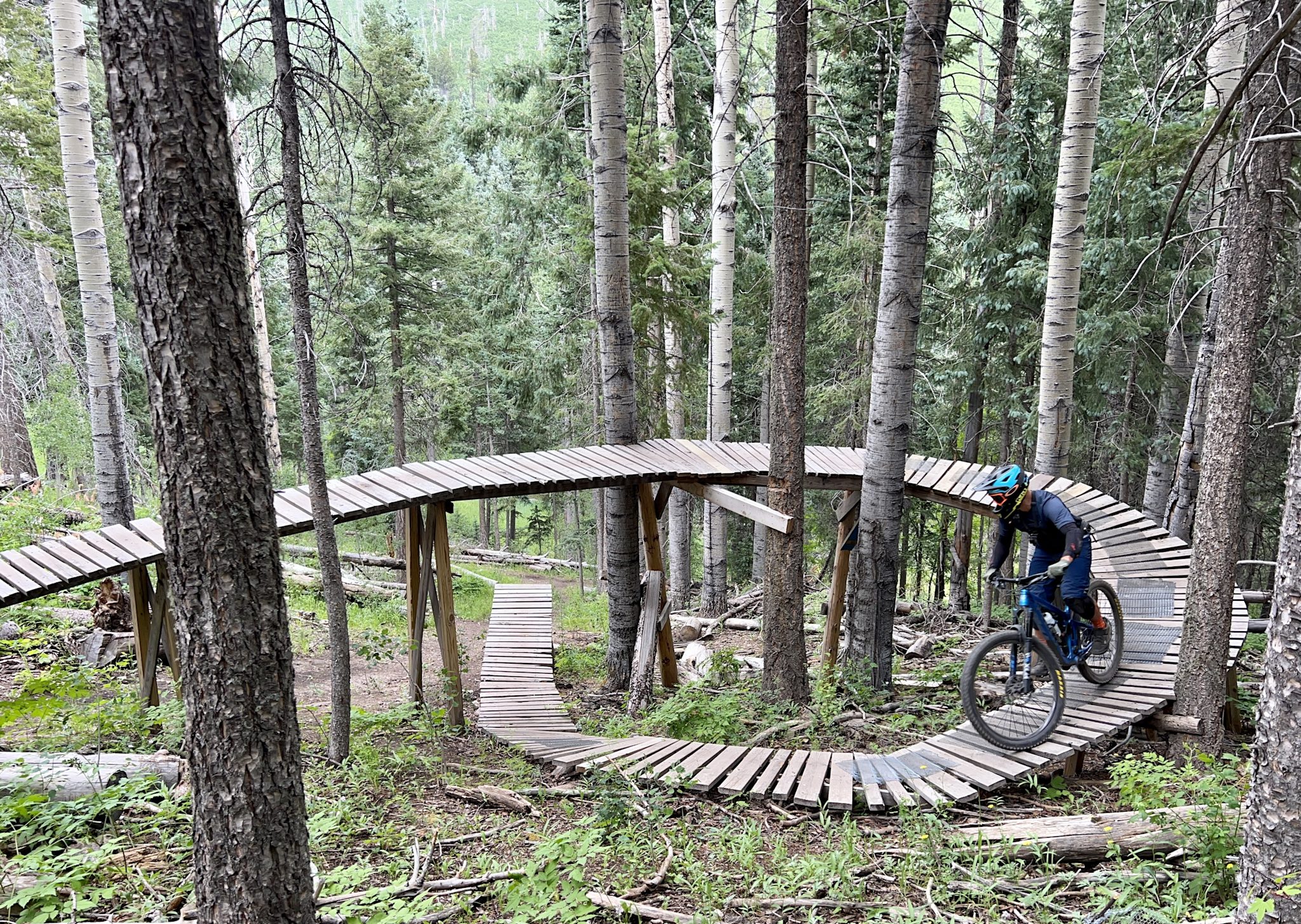 A mountain biker rides a curving wooden boardwalk feature through a forest of aspens and evergreens, with more elevated wooden ramps winding through the trees.