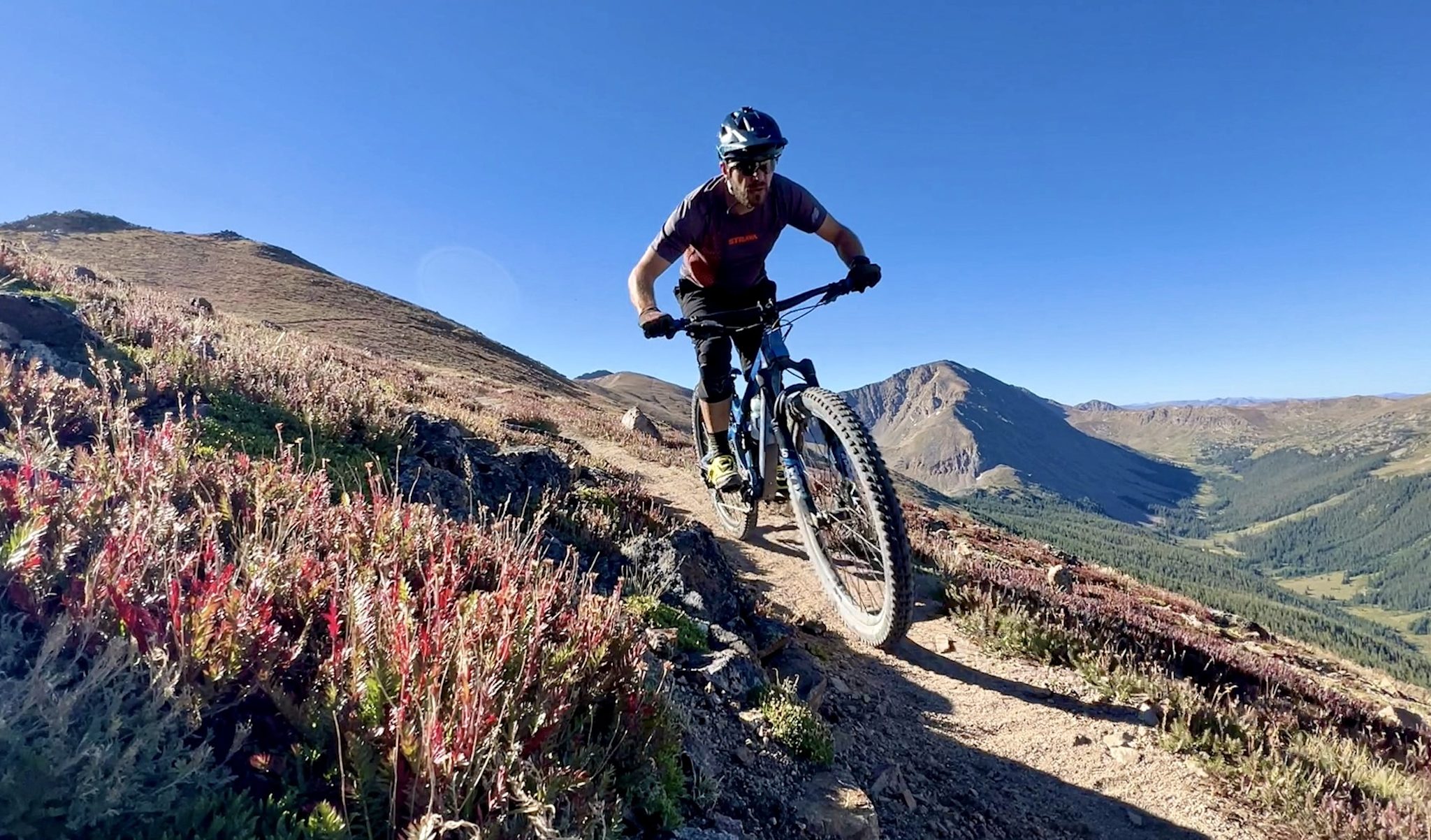 A rider climbs a dirt trail along a high open ridgeline, red alpine ground cover in the foreground and a deep green valley falling away behind.